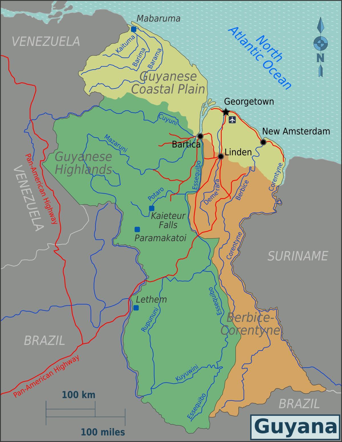 источниот брег demerara Гвајана мапа