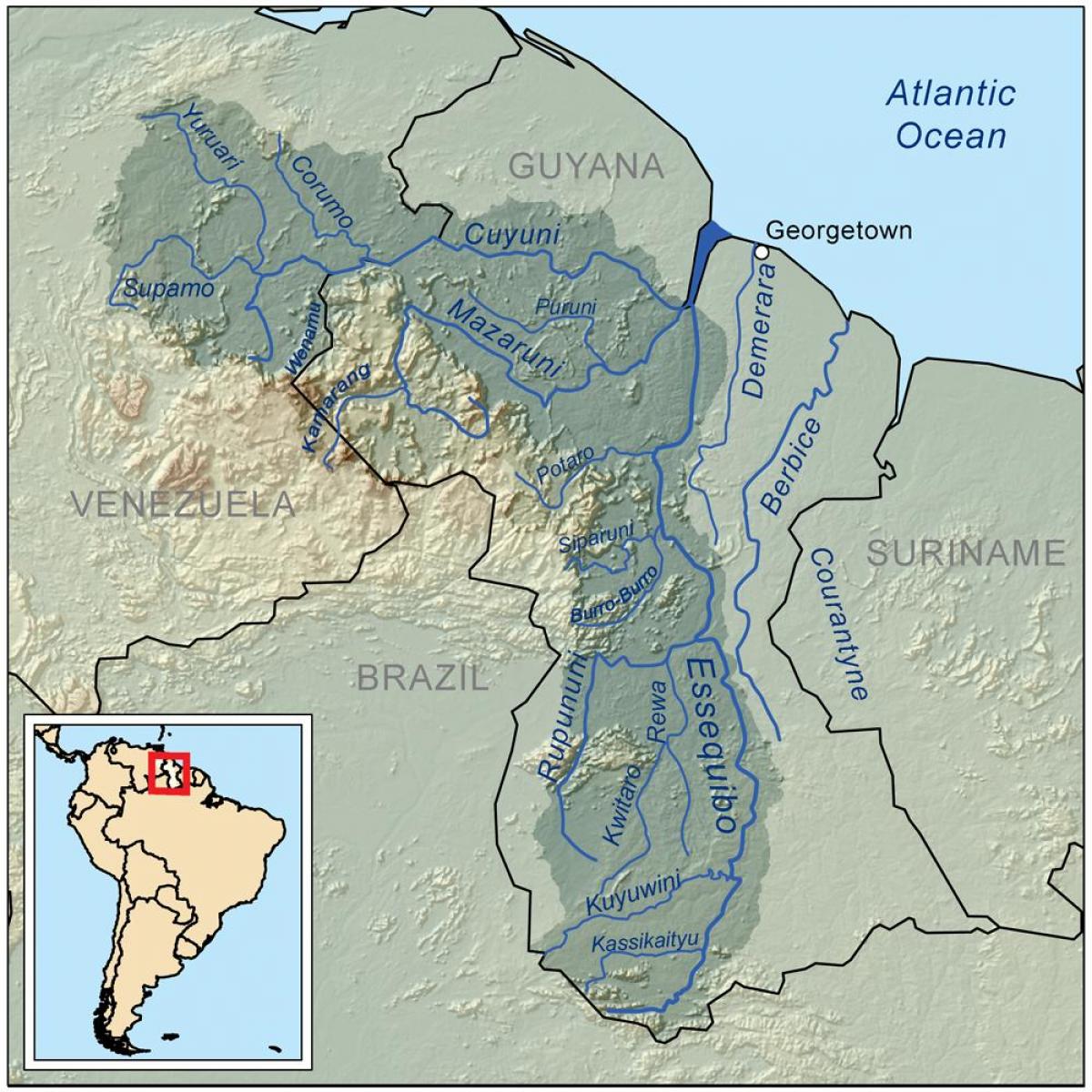 карта на Гвајана покажува три главни реки
