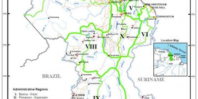 Карта на Гвајана покажува десет административни региони