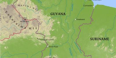 Карта на Гвајана покажува ниски крајбрежни рамнина