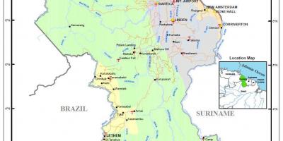 Карта на Гвајана покажува 4 природни региони